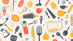 多彩厨房用具与蔬果插画