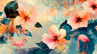 梦幻花卉与火烈鸟插画