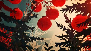 红灯笼点缀下的繁茂树林