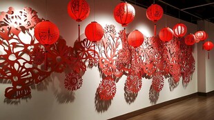 中式红剪纸灯笼墙面装饰