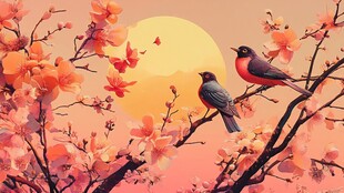 春日双鸟栖于繁花枝头