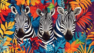 三只斑马置身多彩热带植物中