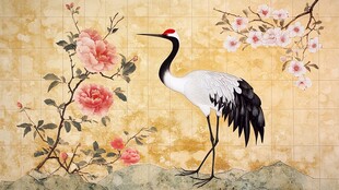 中式风丹顶鹤与花卉壁画