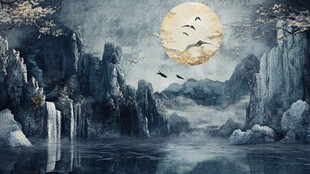 月夜山水间飞鸟瀑布景