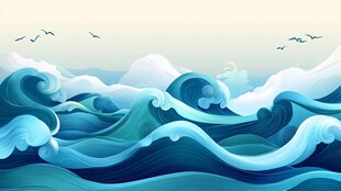 海浪翻涌 飞鸟翔于天际