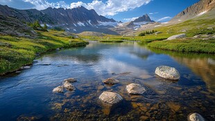 山间溪流与远处雪山美景