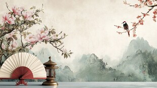 中式古风雅景 扇鸟相伴