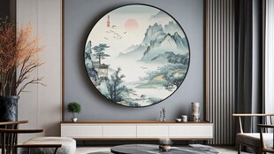 中式客厅的山水圆形挂画