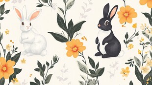 双兔花卉图案 清新可爱风