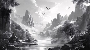 水墨山水间飞鸟绕奇峰