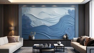 新中式客厅的立体山水背景墙