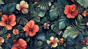 热带花卉绿叶无缝图案