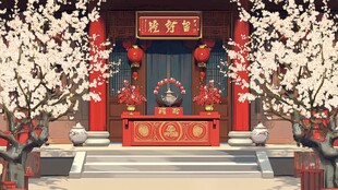 古雅中式厅堂春景图