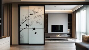 中式花鸟玻璃隔断客厅