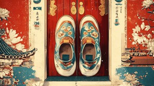 中式古风鞋饰置于红门前