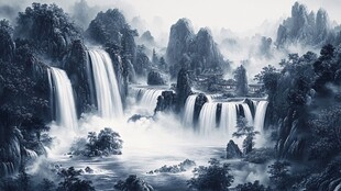 水墨山水间的磅礴瀑布景观