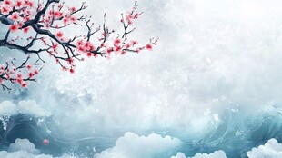 水墨红梅云海意境图