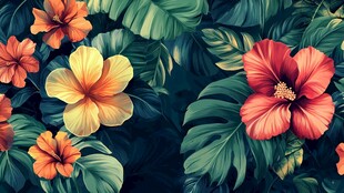 绚丽扶桑花与繁茂绿叶