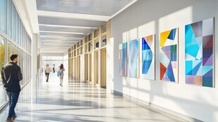 现代艺术走廊中的行人