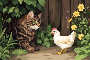 猫与鸡的林间奇妙对视