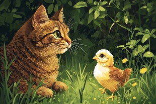 猫与小鸡的温馨对视