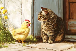 猫与鸡对视的温馨瞬间