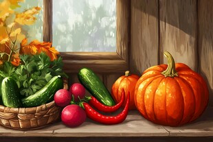 窗边丰收的多彩新鲜蔬果