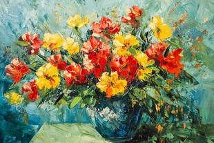 油画中的多彩花卉花瓶