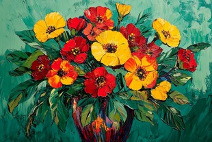 油画中的多彩花卉花瓶