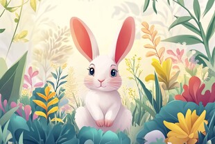 可爱白兔置身缤纷花草间