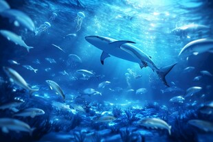 深海中游弋的鲨鱼与群鱼