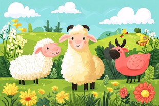 田园中的可爱羊与火鸡