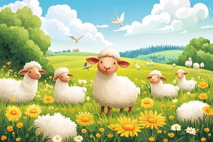 田园中嬉戏的可爱绵羊