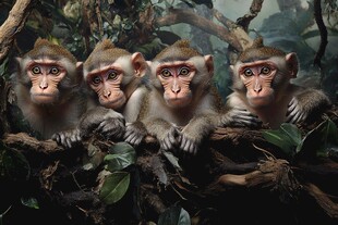 四只猕猴栖于繁茂树枝间