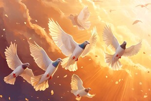 夕阳下白鸽翱翔