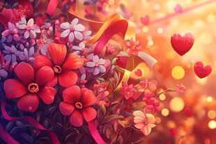 浪漫花卉与爱心梦幻场景