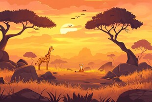 非洲草原黄昏下的动物美景