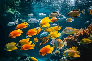海底缤纷鱼群畅游珊瑚间