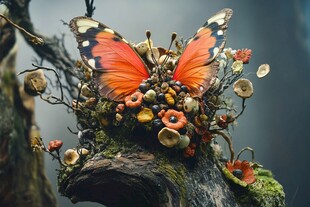 梦幻蝶栖于奇幻蘑菇树桩