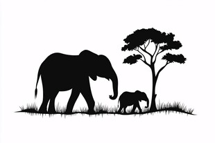 大象母子漫步于草原树旁