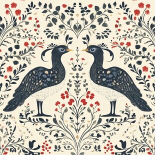 双鸟花卉图案精美插画