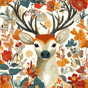 鹿在缤纷花丛中的梦幻图景