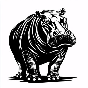 站立的黑白线条河马形象