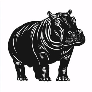 黑白线条河马插画形象