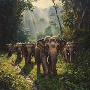 象群漫步于葱郁森林
