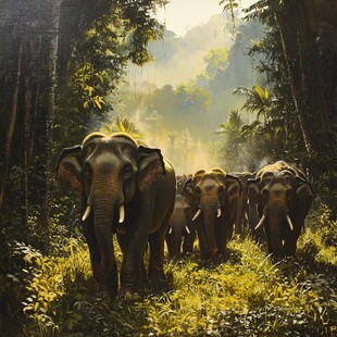 森林中漫步的大象家族