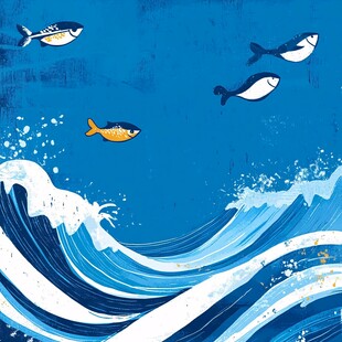 蓝色海洋中的鱼儿与浪花
