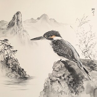 水墨翠鸟栖于山水间