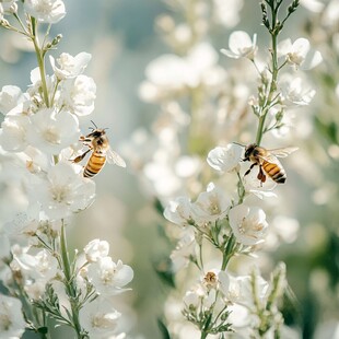 蜜蜂于白花间忙碌采蜜