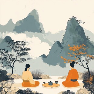 两人对坐山间品茗赏景